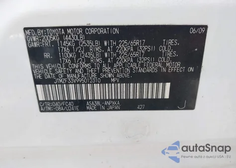 2009 Toyota Rav4 из США, поврежденный, VIN JTMZF33V995012310